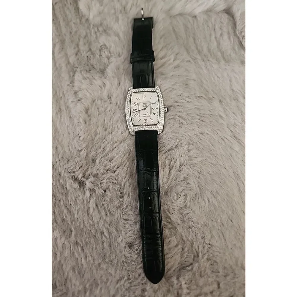 Nolan Miller Glamor Collection Ladies Watch Black Leather Band Rhinestones Bling